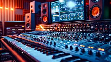 A mixing desk with a keyboard and speakers in a recording studio video