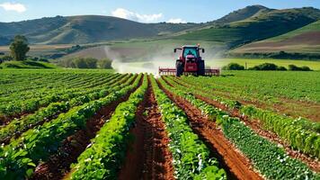 A tractor plowing a field of green plants with mountains in the background video