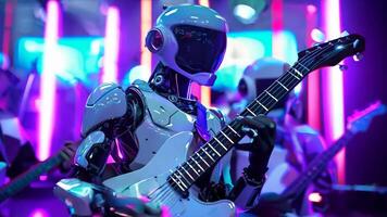 A robot playing a guitar in front of a group of robots video