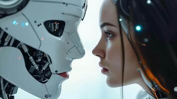 A woman and a robot face to face in a futuristic setting video