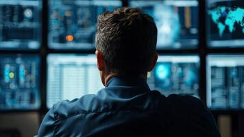 A man sitting in front of multiple computer monitors video