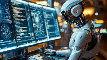A robot sitting at a desk in front of multiple computer monitors video
