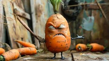 A carrot with an angry face standing in front of a bunch of pumpkins video