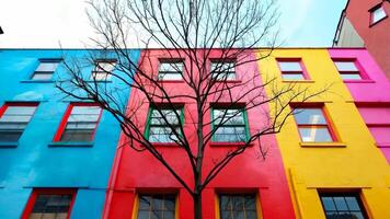 en färgrik byggnad med en träd i främre av den video