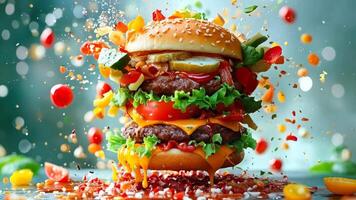 A large hamburger with a lot of toppings falling out of it video