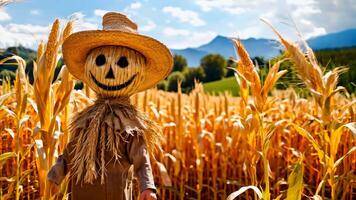 A scarecrow in a corn field with a straw hat on video