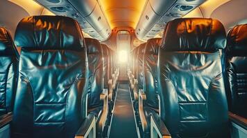 A row of empty seats in an airplane with blue leather seats video