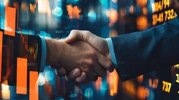 Two men shaking hands in front of a stock market chart video