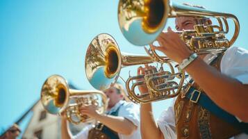 A Man Playing a Trumpet in a Band With a Blue Sky in the Background photo