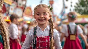 Young Girl in Traditional Red and White Dress Smiling at a Fair photo