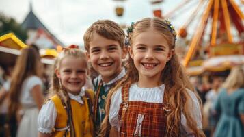 Three Children Smiling Together at a Fair photo