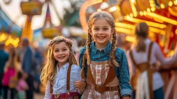 Two Smiling Girls in Festive Attire at a Fair photo