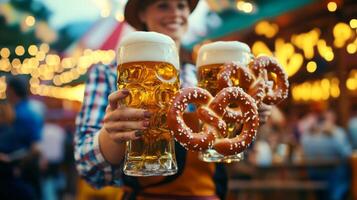 Woman Holding a Beer Stein and Pretzels at an Outdoor Festival photo