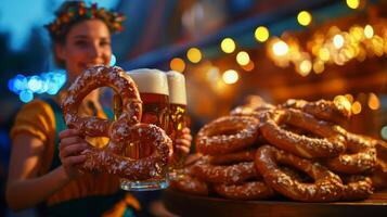 Woman Holding a Pretzel and Beer at a Festive Event photo