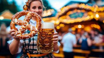 Woman Holding a Pretzel and Beer Mug at a Festive Gathering photo