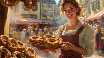 A Smiling Woman Holding a Plate of Pretzels in a Market photo