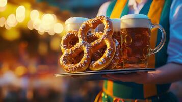 A Close-Up of a Server Holding a Tray with Pretzels and Beer photo