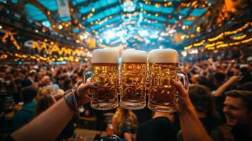Three Full Beer Mugs Held High Above a Crowd at a Festival photo