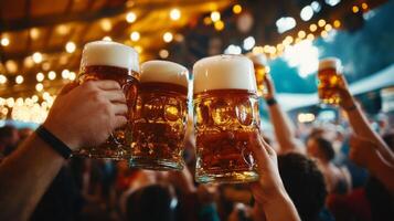 Three Full Beer Mugs Raised in Celebration at a Festive Gathering photo