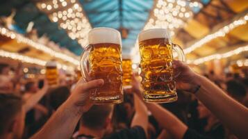Two Steins of Beer Held High in a Festive Atmosphere photo