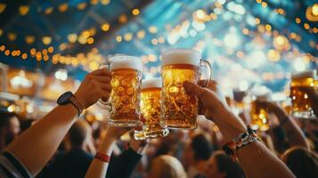 A group of people cheers with glasses of beer in their hands. photo