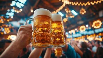 Two Beer Mugs Held High at a Festive Gathering photo