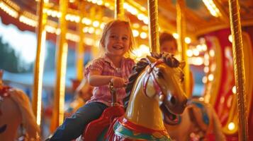 Young Girl Riding a Carousel Horse with a Big Smile photo