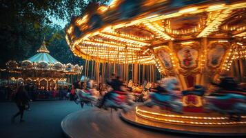 A Blurred Carousel in Motion at Night with People Riding photo