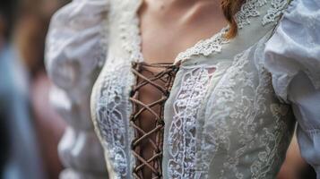 Close-up of a woman's white lace bodice with brown lacing photo