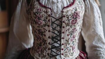 Close-up of an intricately embroidered corset with burgundy trim and black lacing. photo