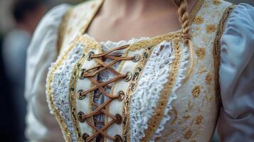Close-up of a White and Gold Corset with Brown Laces photo