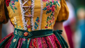 Close-up of a Yellow and Green Embroidered Dress with a Red Button photo