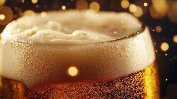 Close-up of Frothy Beer with Golden Bokeh Lights photo