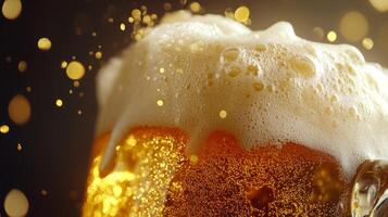 Close-Up of Frothy Beer with Golden Bokeh photo