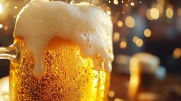 Close-up of a Glass of Frothy Beer with Golden Light Reflections photo