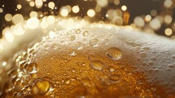 Close-up of Beer with Bubbles and Golden Light photo