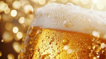 Close-Up of Frothy Beer with Golden Bokeh Background photo