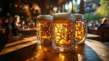 Three beer mugs sit on a wooden table photo