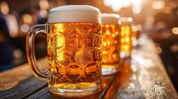 Beer mugs on a wooden table with sunlight photo