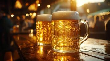 Two mugs of beer on a wooden table photo