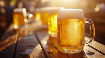 Beer mugs on a wooden table with sunlight shining through photo