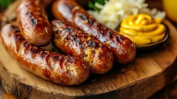 Grilled sausages on a wooden board with mustard photo
