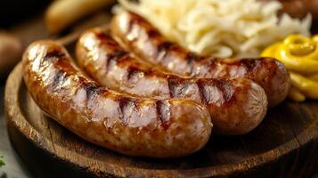 Three sausages on a wooden board with mustard photo