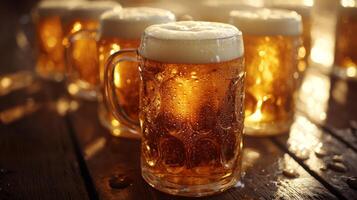 Beer mugs on a wooden table photo