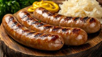 Grilled sausages on a wooden board with sauerkraut and mustard photo