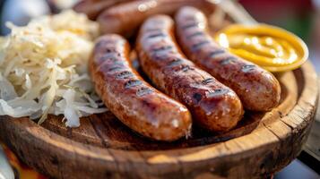 Grilled sausages on a wooden board with sauerkraut and mustard photo