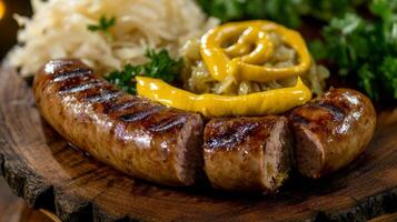 A plate with a grilled sausage, mustard and sauerkraut photo