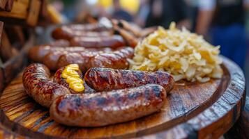 Grilled sausages on a wooden tray with sauerkraut photo