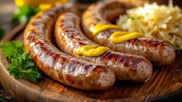 Three sausages on a wooden cutting board with mustard photo