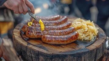 A person is cooking sausages on a wooden table photo